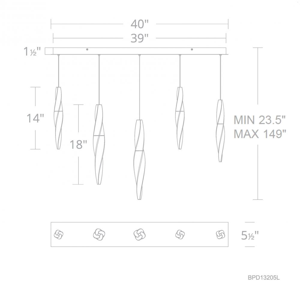 Kindjal 5 Light 120-277V Multi-Light Pendant (Linear Canopy) in Polished Nickel with Clear Optic C