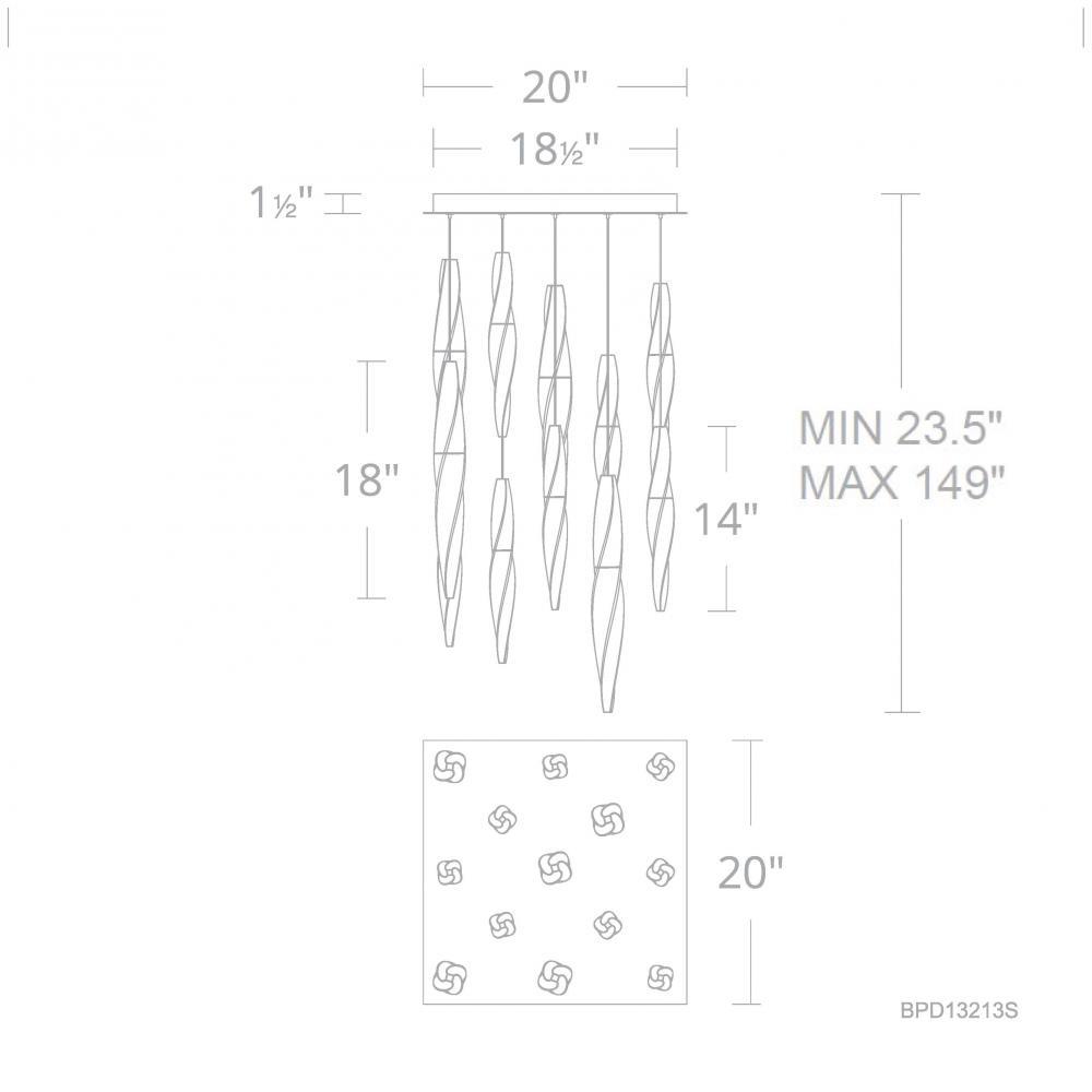 Kindjal 13 Light 120-277V Multi-Light Pendant (Square Canopy) in Aged Brass with Clear Optic Cryst