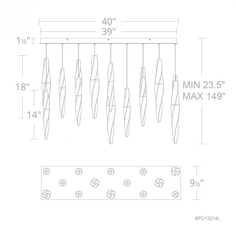 Kindjal 14 Light 120-277V Multi-Light Pendant (Linear Canopy) in Black with Clear Optic Crystal