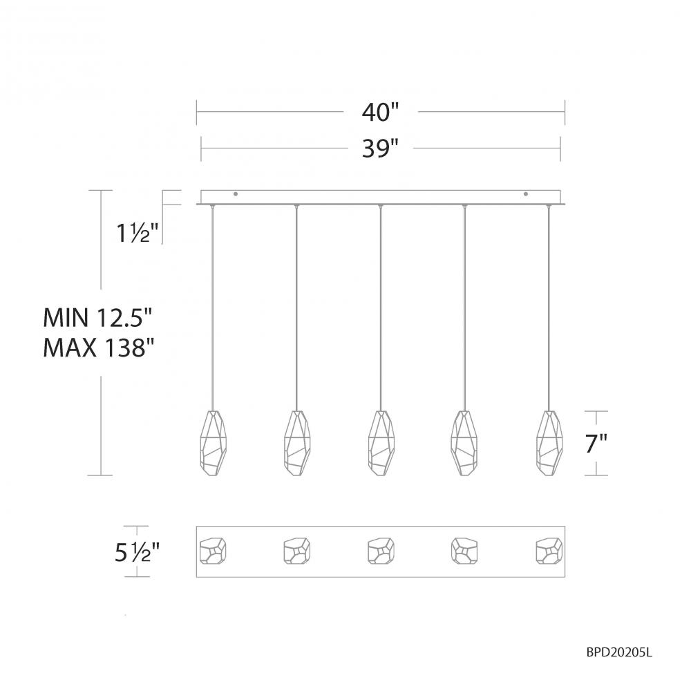 Martini 5 Light 120-277V Multi-Light Pendant (Linear Canopy) in Aged Brass with Clear Optic Crysta