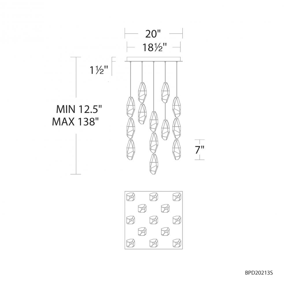 Martini 13 Light 120-277V Multi-Light Pendant (Square Canopy) in Aged Brass with Optic Haze Quartz