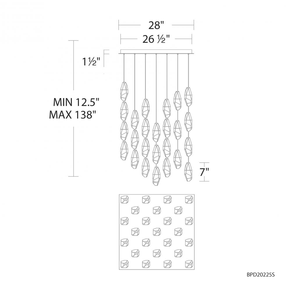 Martini 25 Light 120-277V Multi-Light Pendant (Square Canopy) in Aged Brass with Clear Optic Cryst