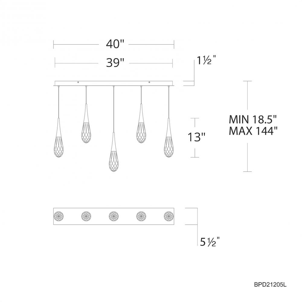 Hibiscus 5 Light 120-277V Multi-Light Pendant (Linear Canopy) in Black with Clear Optic Crystal