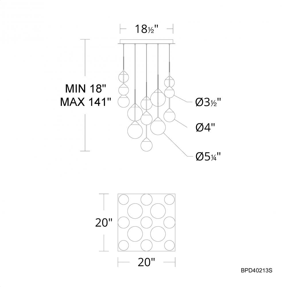 Quest 13 Light 120-277V Multi-Light Pendant (Square Canopy) in Black with Optic Haze Quartz