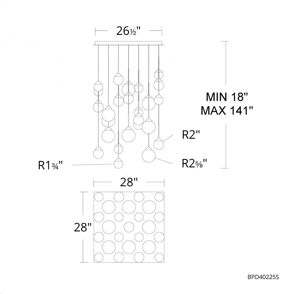 Quest 25 Light 120-277V Multi-Light Pendant (Square Canopy) in Black with Optic Haze Quartz