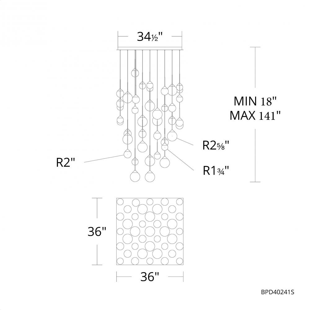 Quest 41 Light 120-277V Multi-Light Pendant (Square Canopy) in Black with Optic Haze Quartz