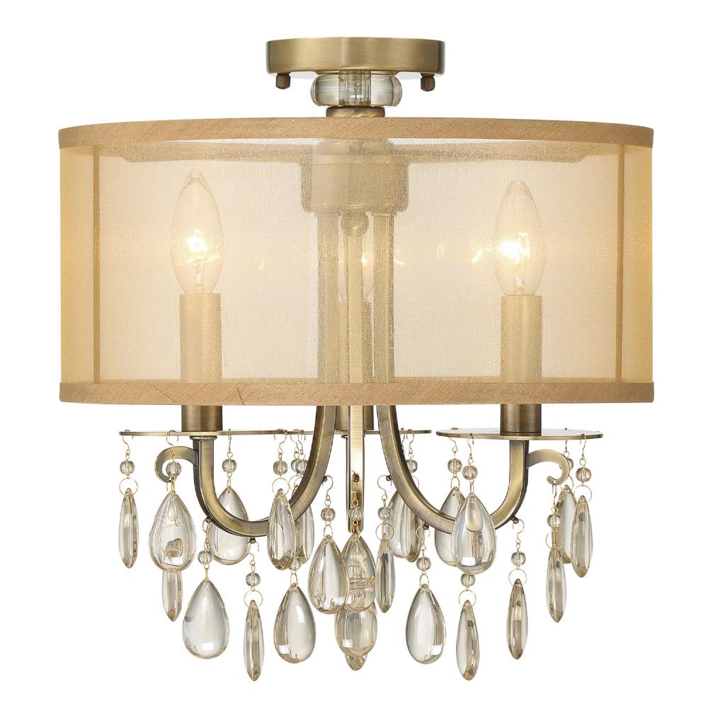 Hampton 3 Light Antique Brass Etruscan Crystal Drum Shade Semi Flush Mount