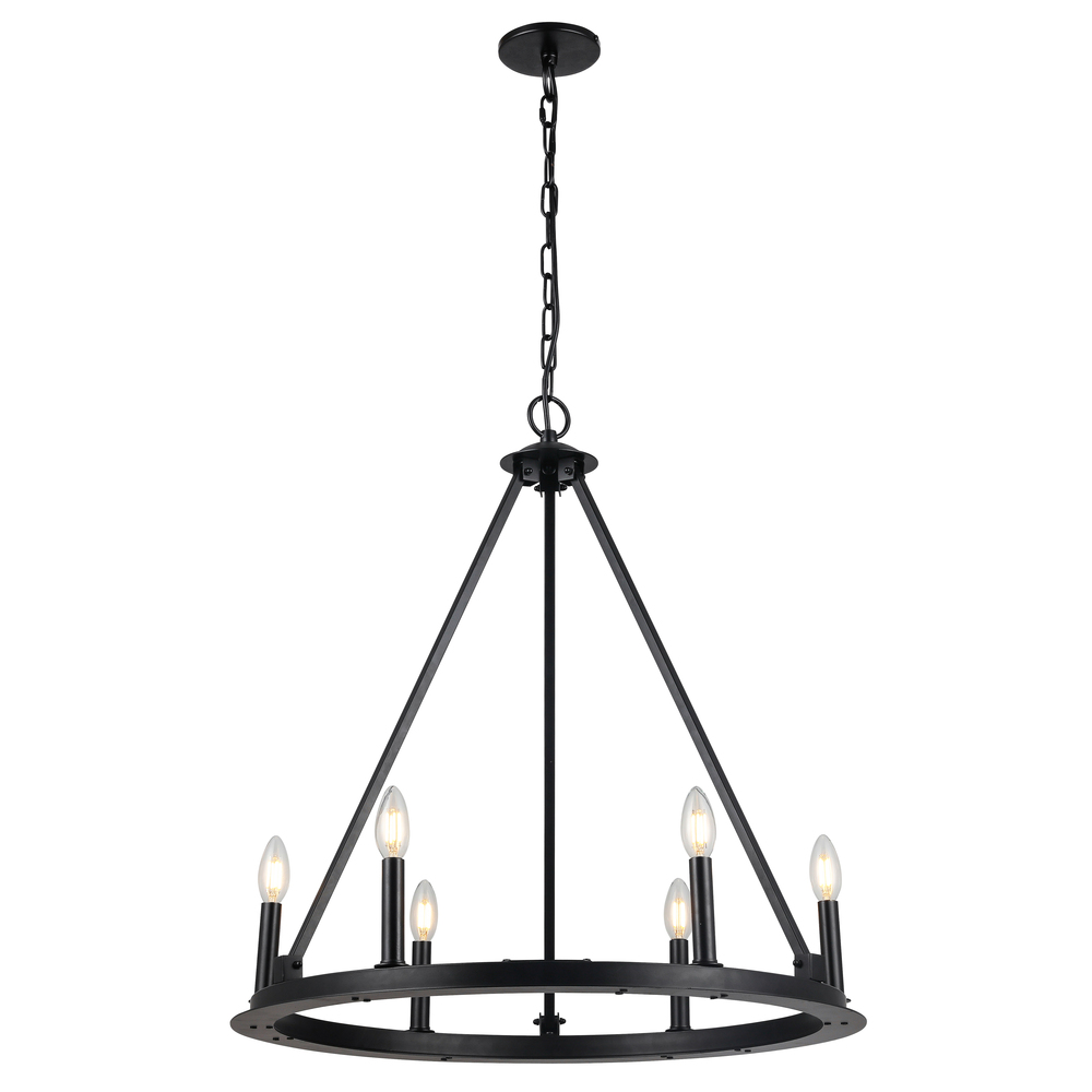 6 Light Incandescent Chandelier, Matte Black