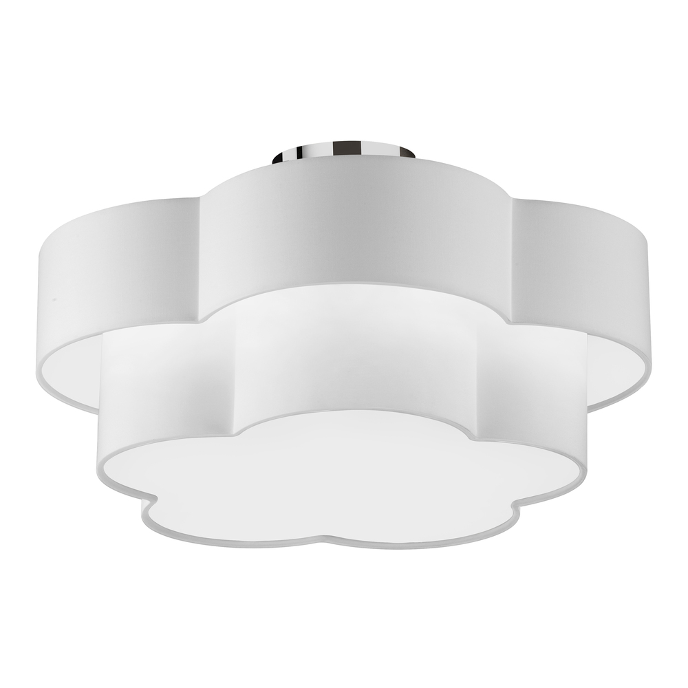 3 Light Incandescent Flush Mount, Polished Chrome with White Shade