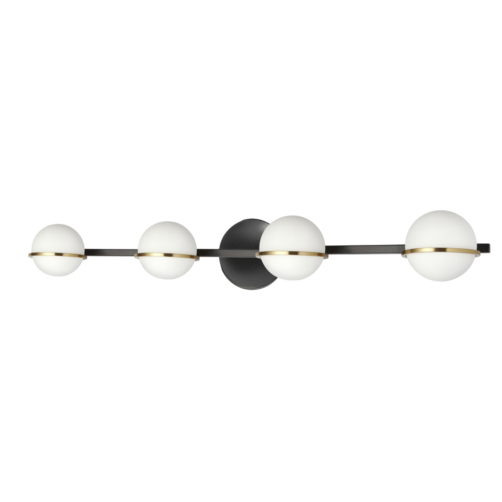 4 Light Halogen Vanity, Matte Black / Aged Brass with White Opal Glass