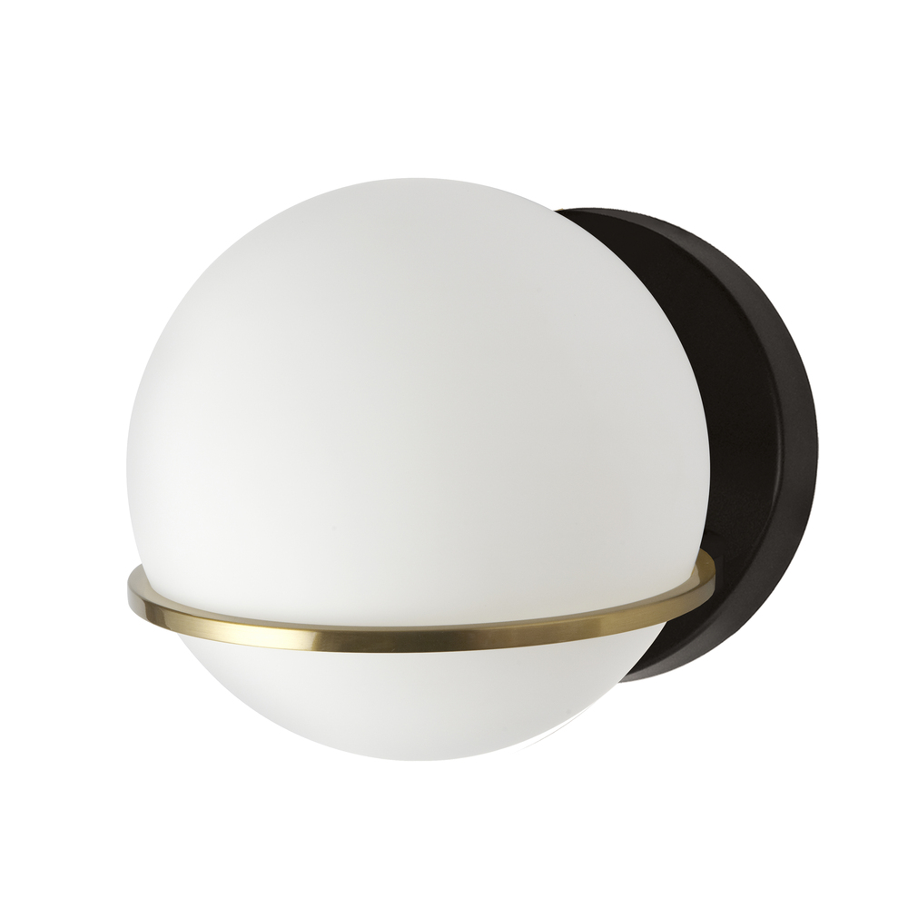 1 Light Halogen Wall Sconce, Matte Black / Aged Brass with White Opal Glass