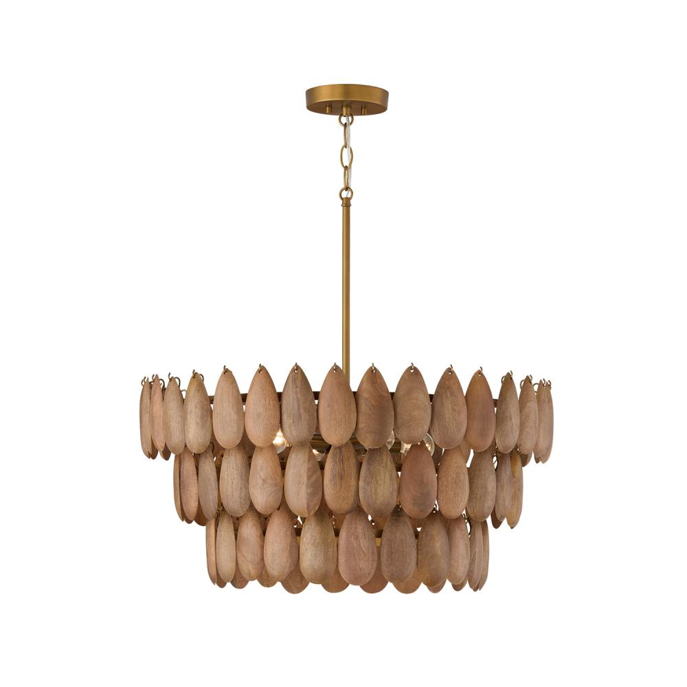 4-Light Pendant in Hand-distressed Patinaed Brass and Handcrafted Mango Wood