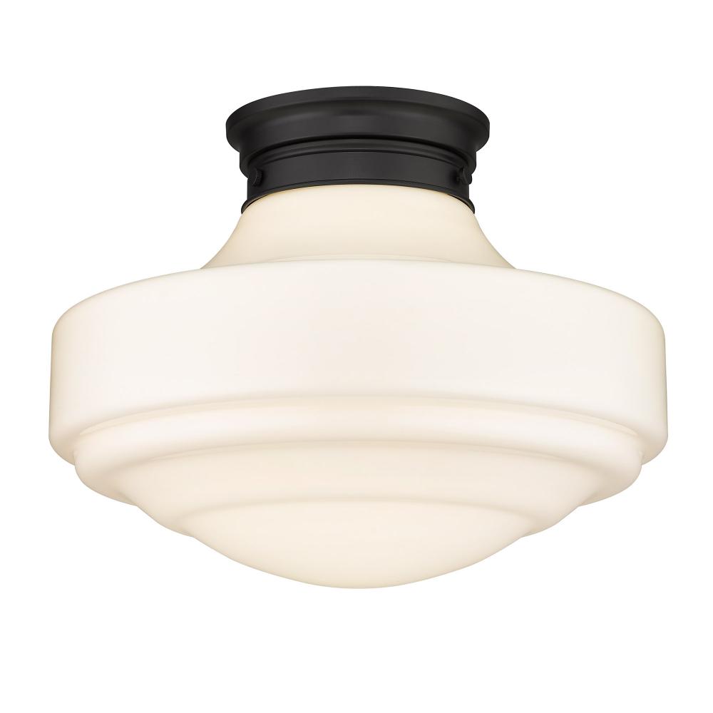 Ingalls Large Semi-Flush in Matte Black with Vintage Milk Glass Shade