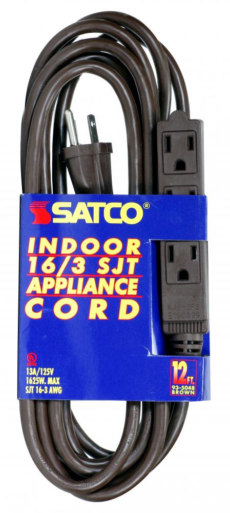 12 Foot Extension Cord; Brown Finish; 16/3 SJT; Indoor Only; 13A-125V-1625W Rating