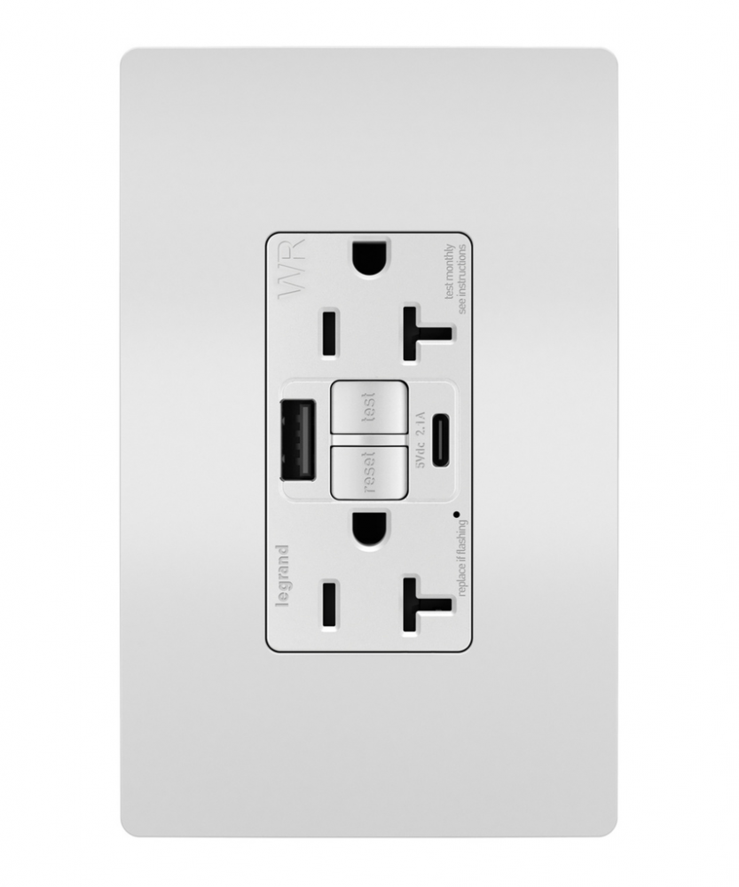 radiant® Tamper-Resistant Weather-Resistant Duplex Self-Test GFCI with USB Type A/C Outlet, White