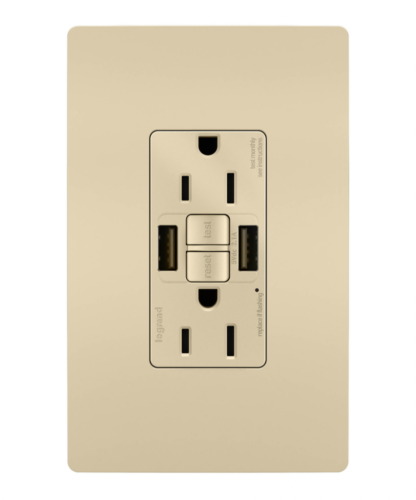 radiant® Tamper-Resistant 15A Duplex Self-Test GFCI Receptacles with SafeLock® Protection, USB Type 