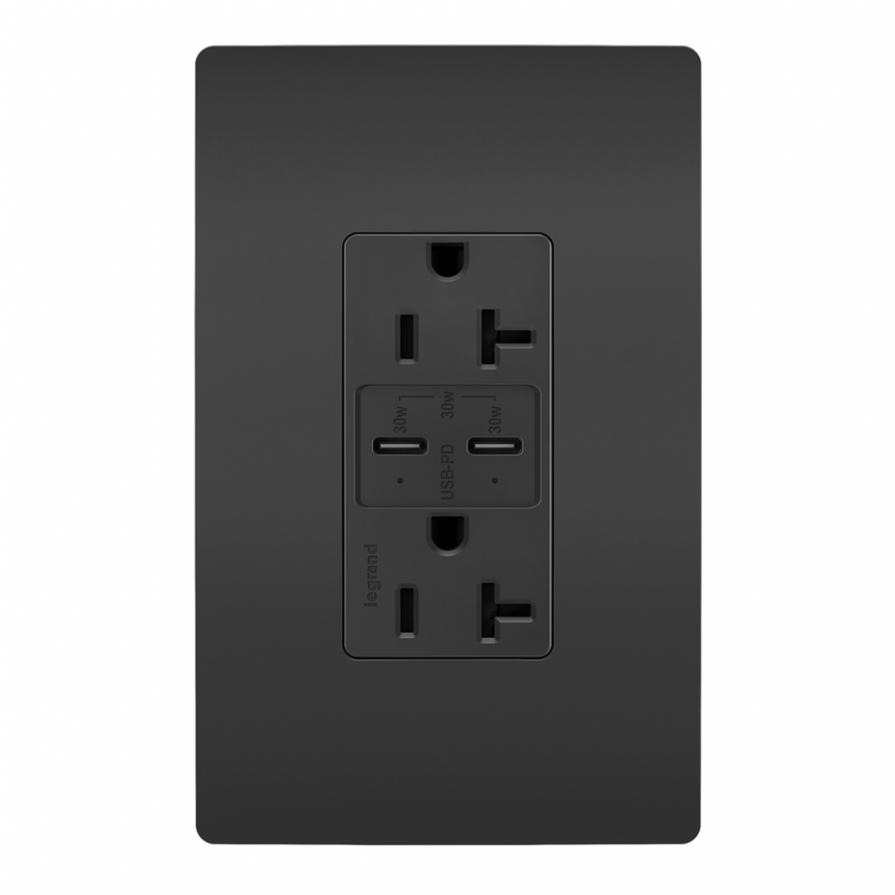 radiant 20A Tamper Resistant Ultra Fast PLUS Power Delivery USB Type C/C Outlet, Black