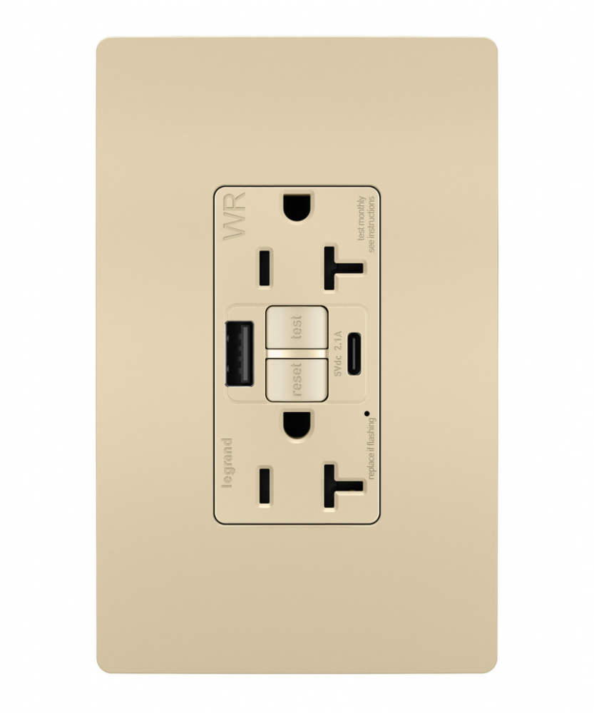 radiant® Tamper-Resistant Weather-Resistant Duplex Self-Test GFCI with USB Type A/C Outlet, Ivory