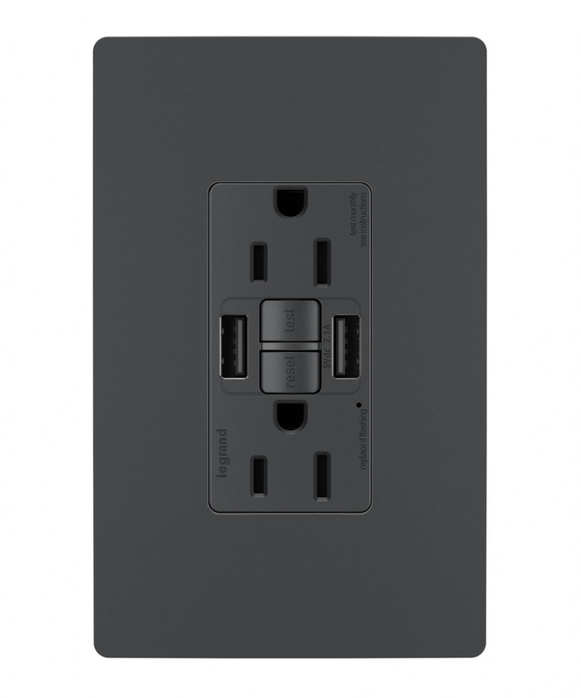 radiant Tamper-Resistant 15A Duplex Self-Test GFCI Receptacles wt SafeLock Protection, USB Type