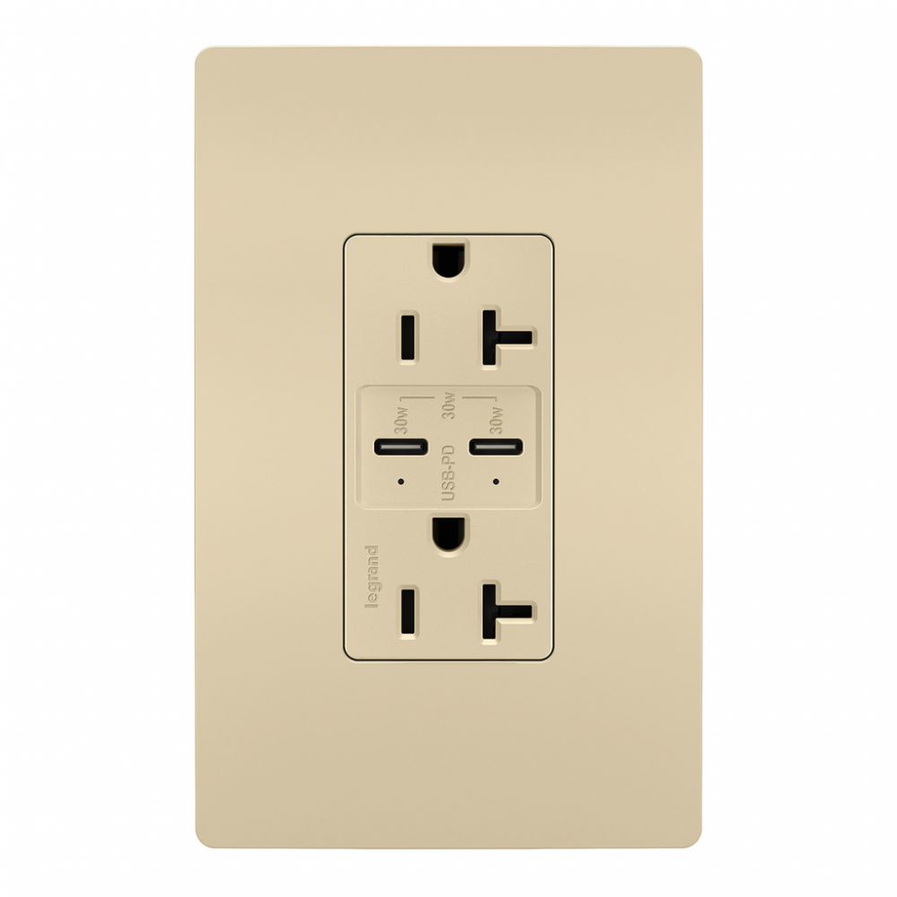 radiant® 20A Tamper Resistant Ultra Fast PLUS Power Delivery USB Type C/C Outlet, Ivory