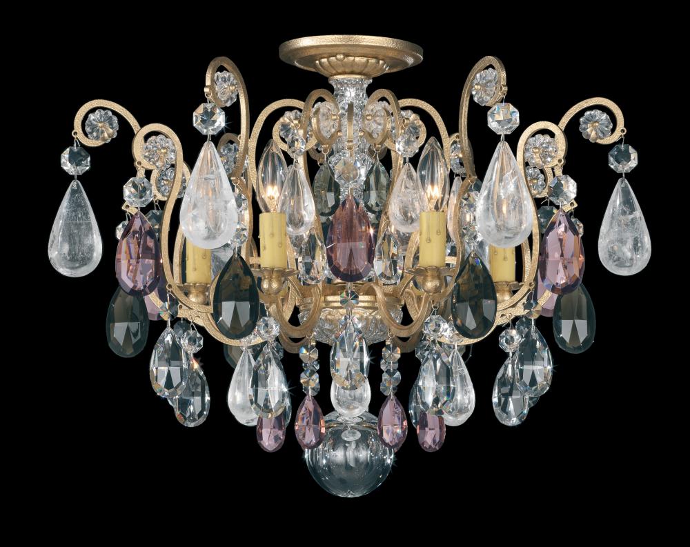 Renaissance Rock Crystal 6 Light 120V Semi-Flush Mount in French Gold with Olivine & Smoke Quartz