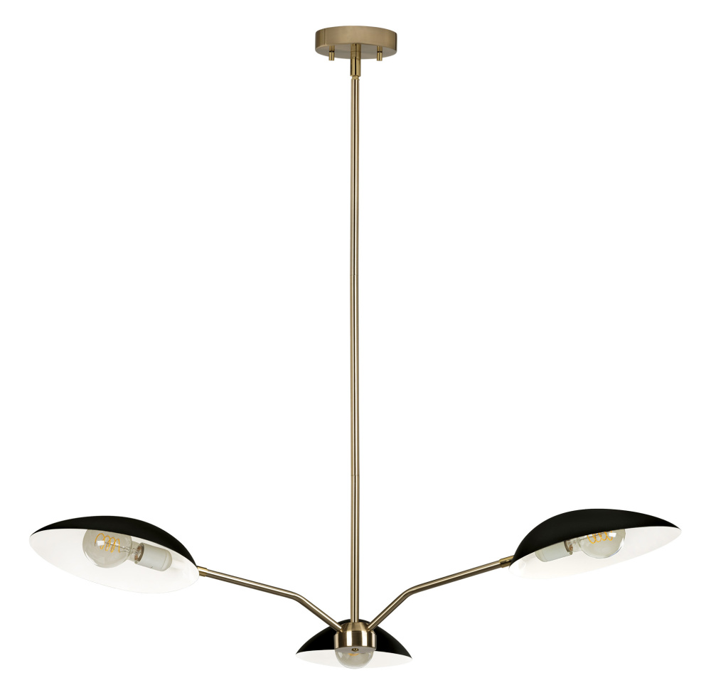 3 LT Chandelier Black Finish with Brushed Brass Accents and Black w/ White Interior Metal Shades