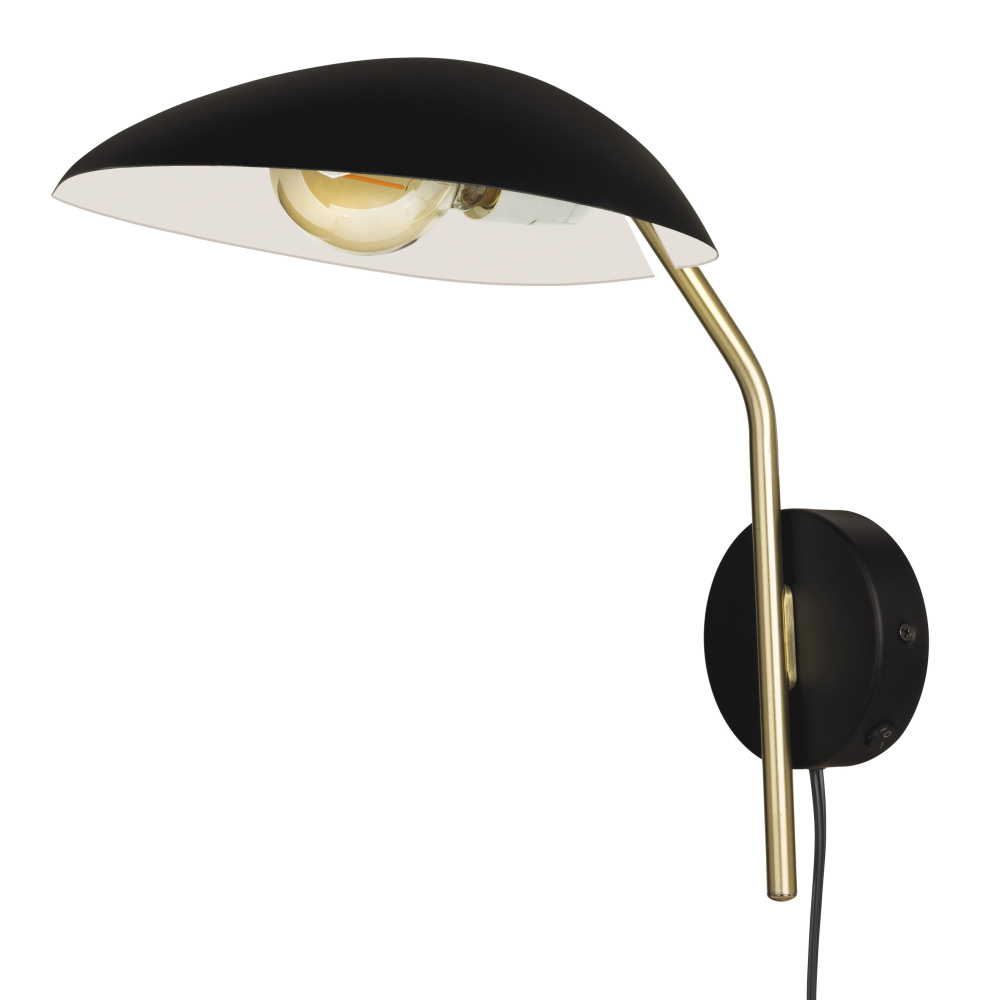 1 LT Wall Light Black Finish with Brushed Brass Accents and Black w/ White Interior Metal Shade