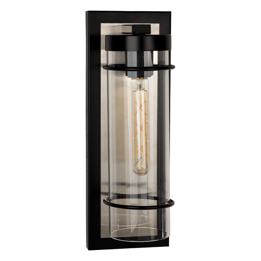 1 LT Outdoor Wall Light w/ Black Finish, Brushed Nickel Backplate & Clear Glass Shade