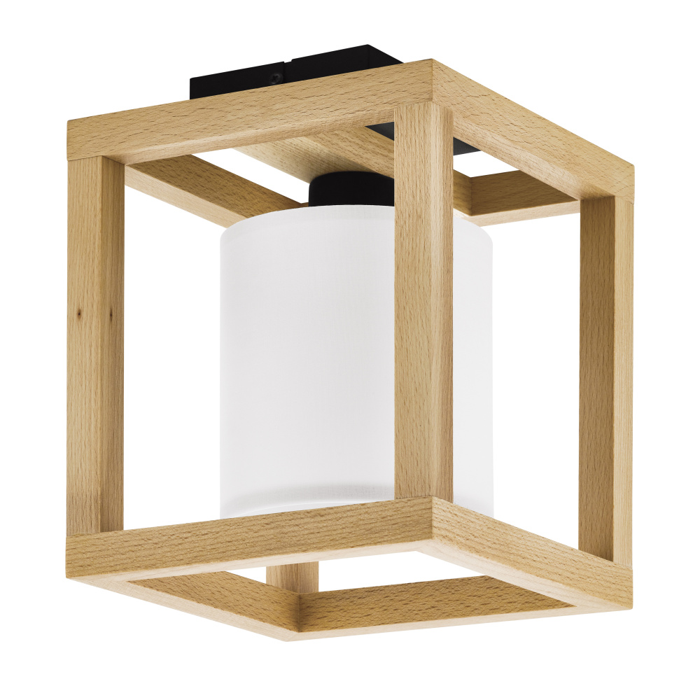 1 LT Ceiling Light w/ Black Finish & Natural Wood Frame Surrounding a White Fabric Shade