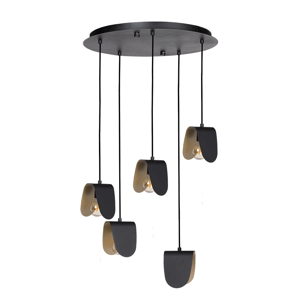 5 LT Cascade Pendant Black Finish & Black w/ Brushed Gold Interior Shades
