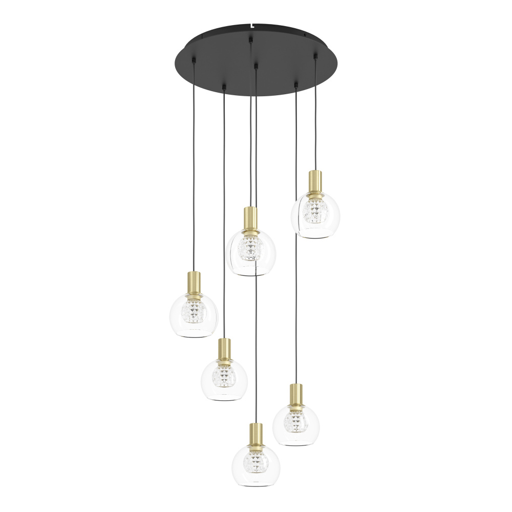 6 LT LED Cascade Pendant w/ Black Finish & Brushed Gold Accents w/ Clear Glass Shades