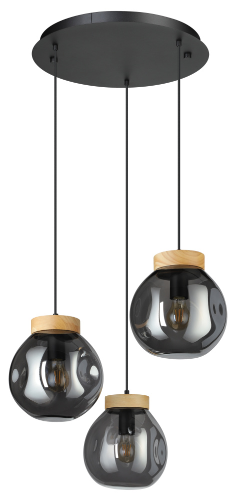 3 LT Cascade Pendant Black w/ Wood Accent Finish & Chrome Smoked Glass Shade