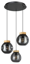 Eglo Canada 390319A - 3 LT Cascade Pendant Black w/ Wood Accent Finish & Chrome Smoked Glass Shade