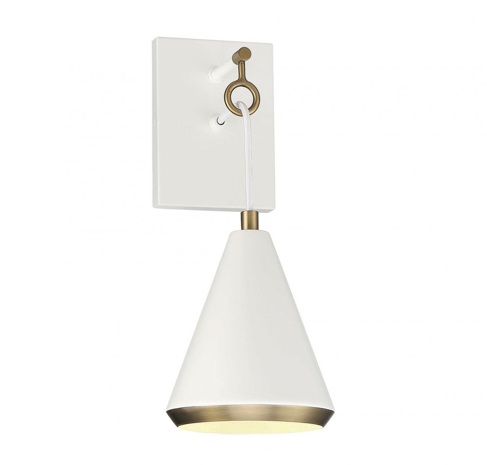 1-Light Wall Sconce in White with Natural Brass