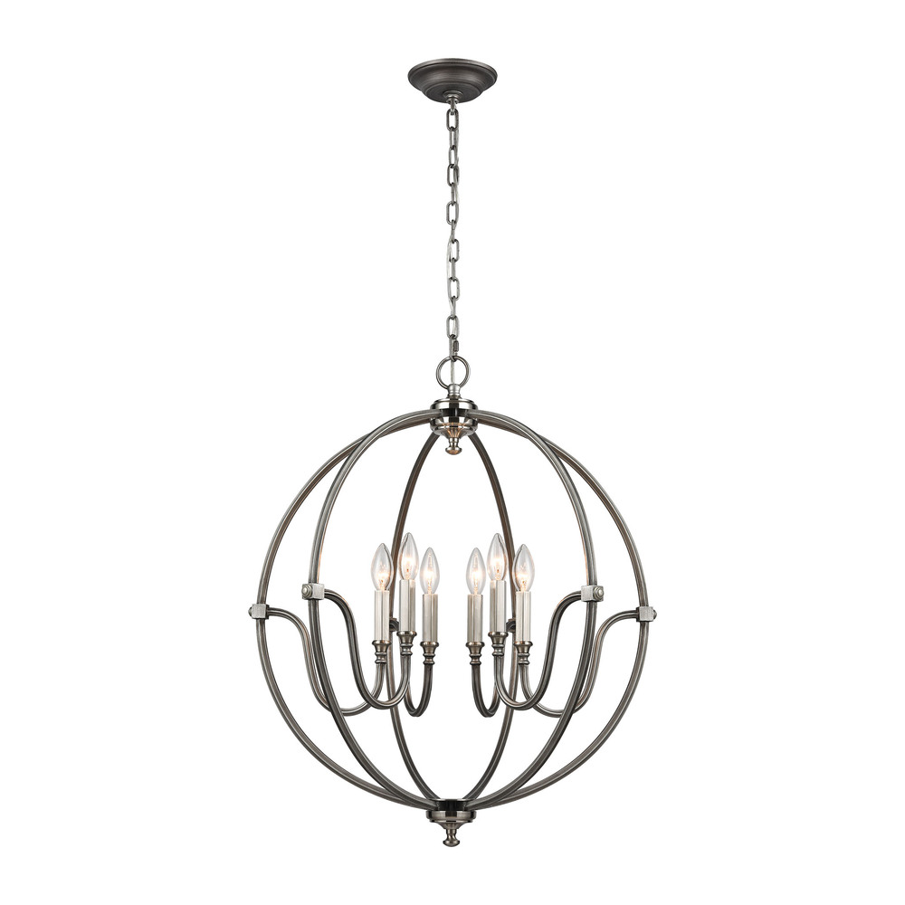 Stanton 6 Light Chandelier in Weathered Zinc with Brushed Nickel Accents